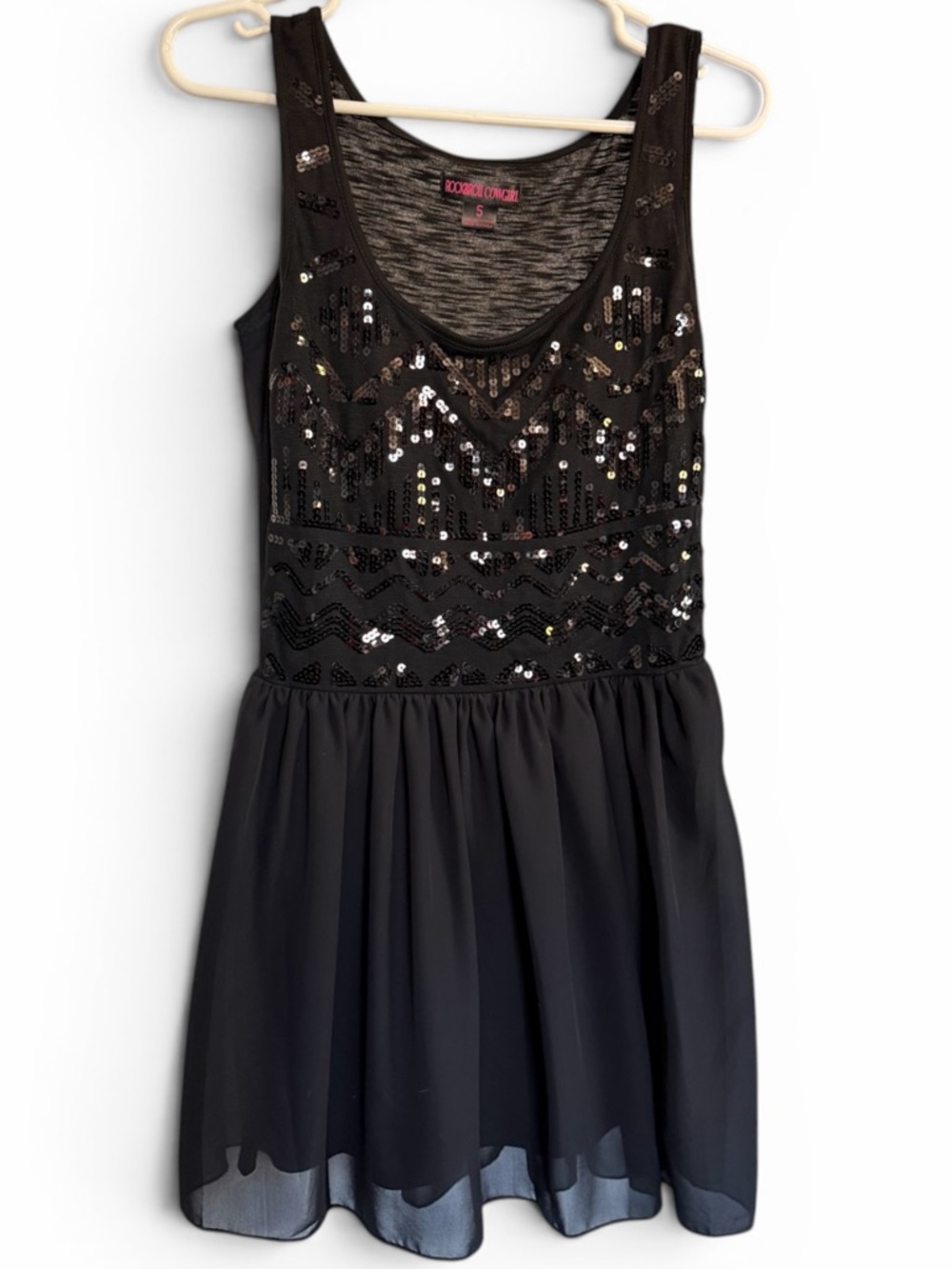 Rock & Roll Cowgirl Black Sequin Fit Flare Mini Dress Small Party Cocktail Glam